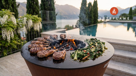 Juicy Grilled Lamb Chops with Swiss Chard cooking on an Arteflame grill