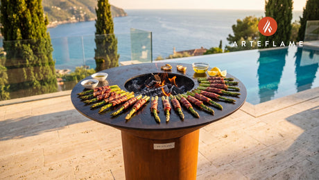 Buendnerfleisch Wrapped Asparagus (Swiss Style) cooking on an Arteflame grill