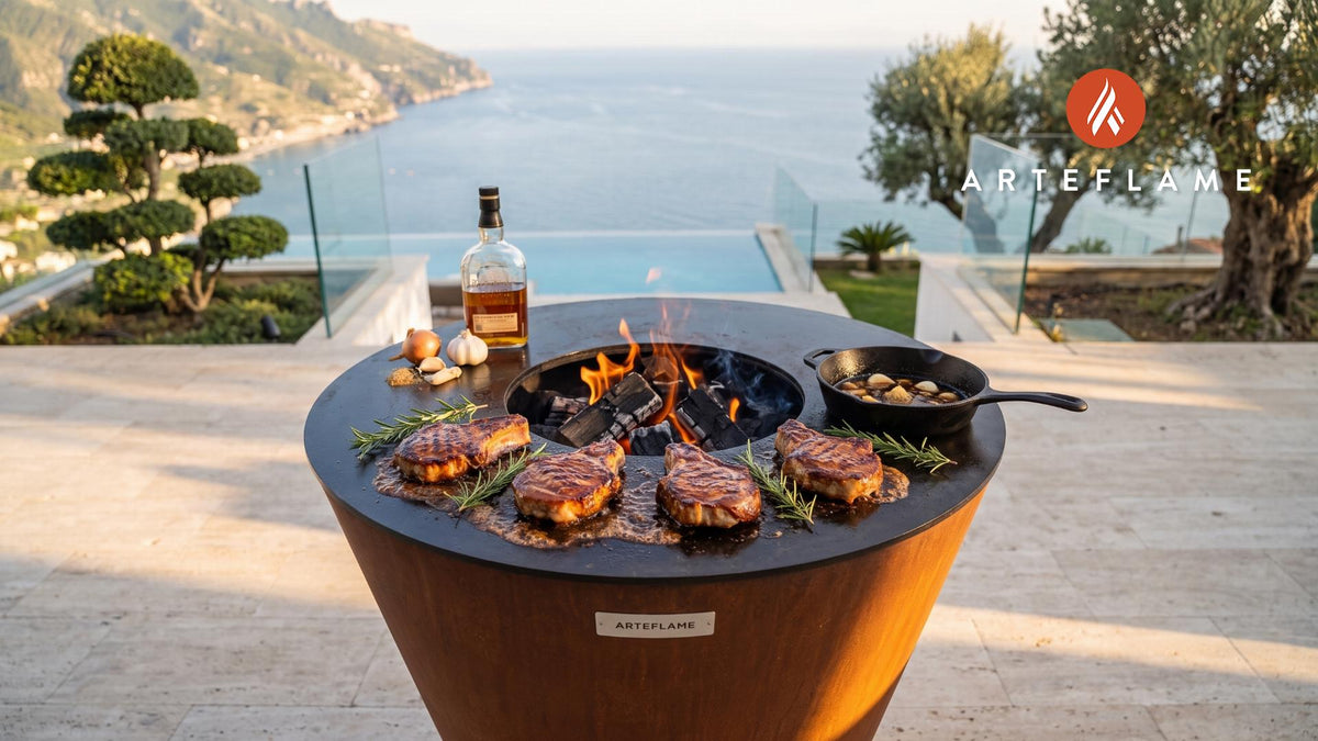 Bourbon Glazed Wild Boar Chops (Kansas Style) cooking on an Arteflame grill
