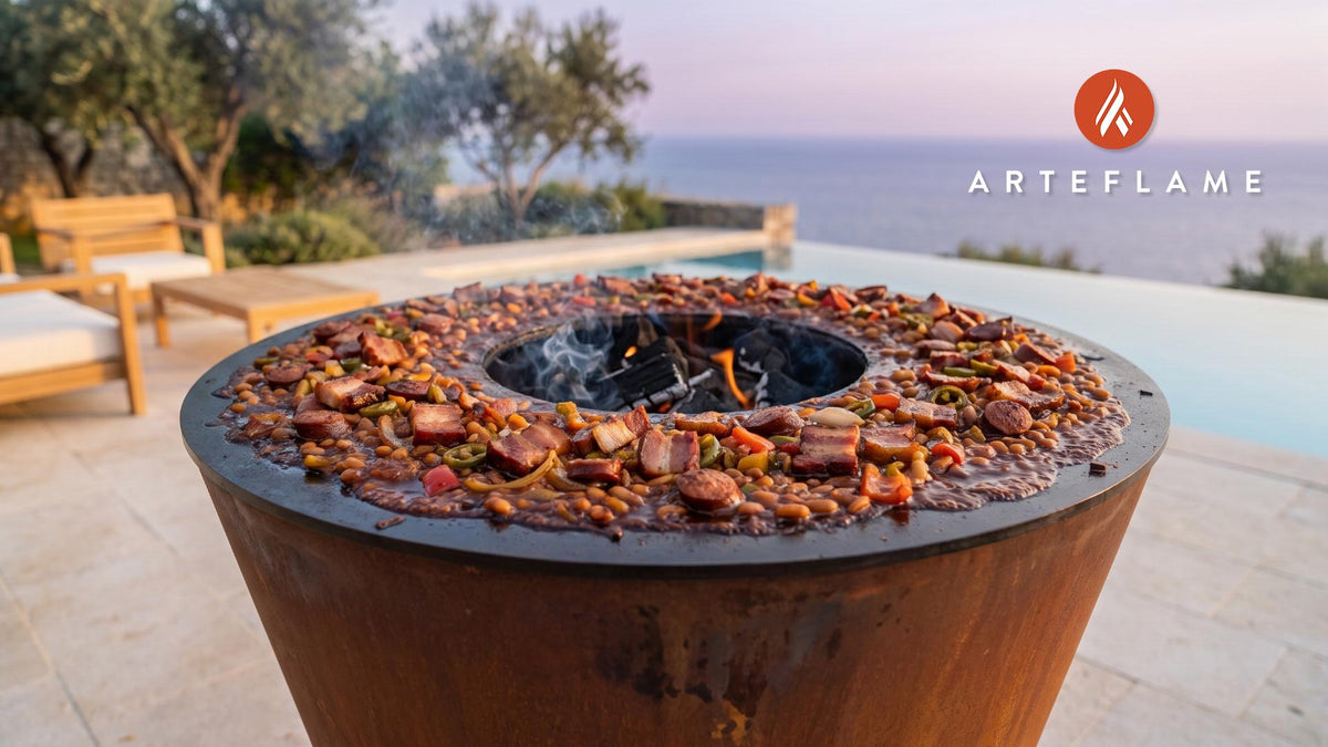 BBQ Baked Beans & Smoked Sausage (Kansas Style) cooking on an Arteflame grill