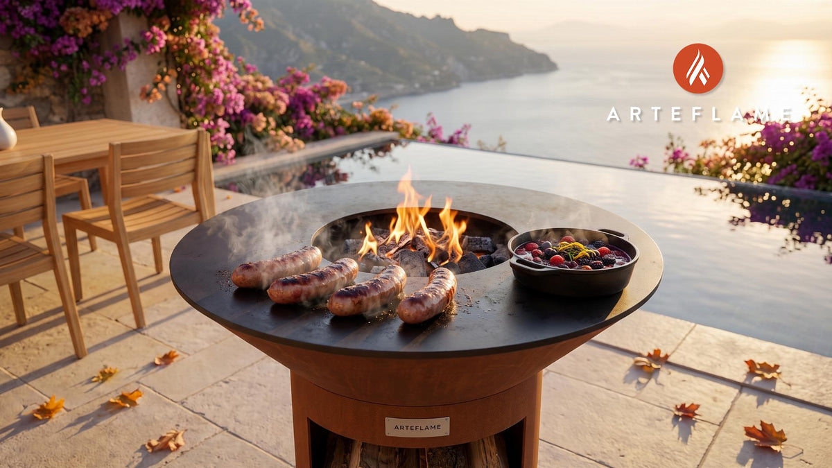 Grilled Wild Boar Sausages & Berry Compote (Swiss Style) cooking on an Arteflame grill