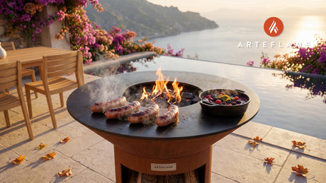 Grilled Wild Boar Sausages & Berry Compote (Swiss Style) cooking on an Arteflame grill