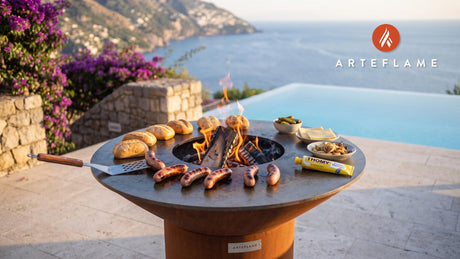 Swiss Cervelat Hot Dogs cooking on an Arteflame grill
