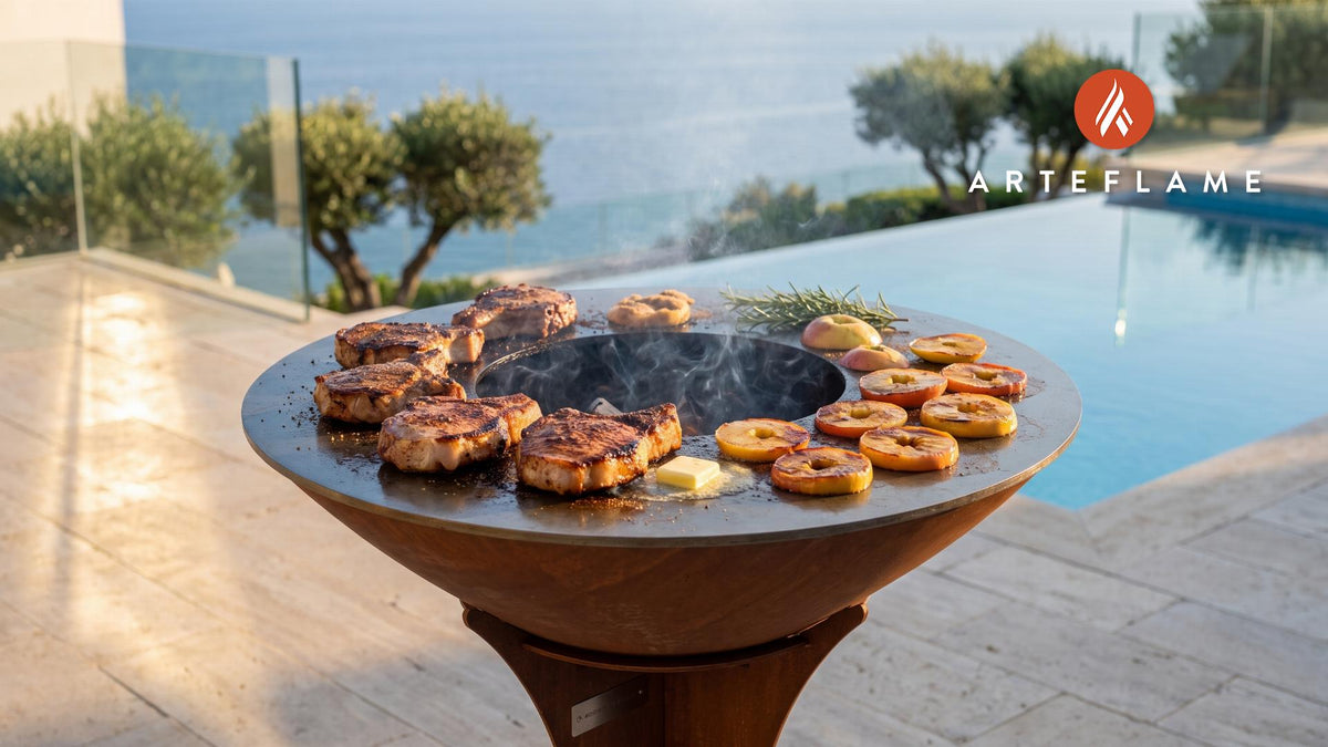 Apple Cinnamon Grilled Pork Chops (Kansas Style) cooking on an Arteflame grill