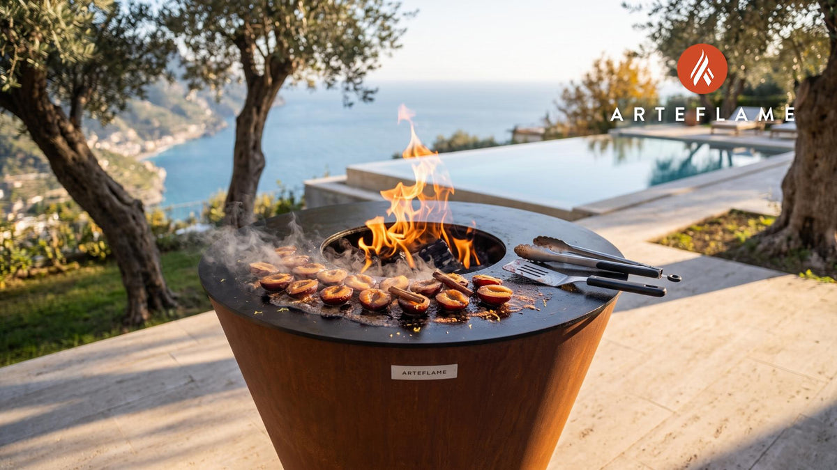 Fire Grilled Plum Compote (Swiss Style) cooking on an Arteflame grill