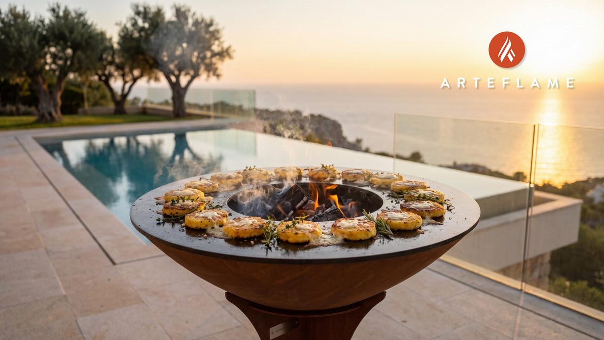 Crispy Swiss Polenta Cakes with Alpine Cheese cooking on an Arteflame grill