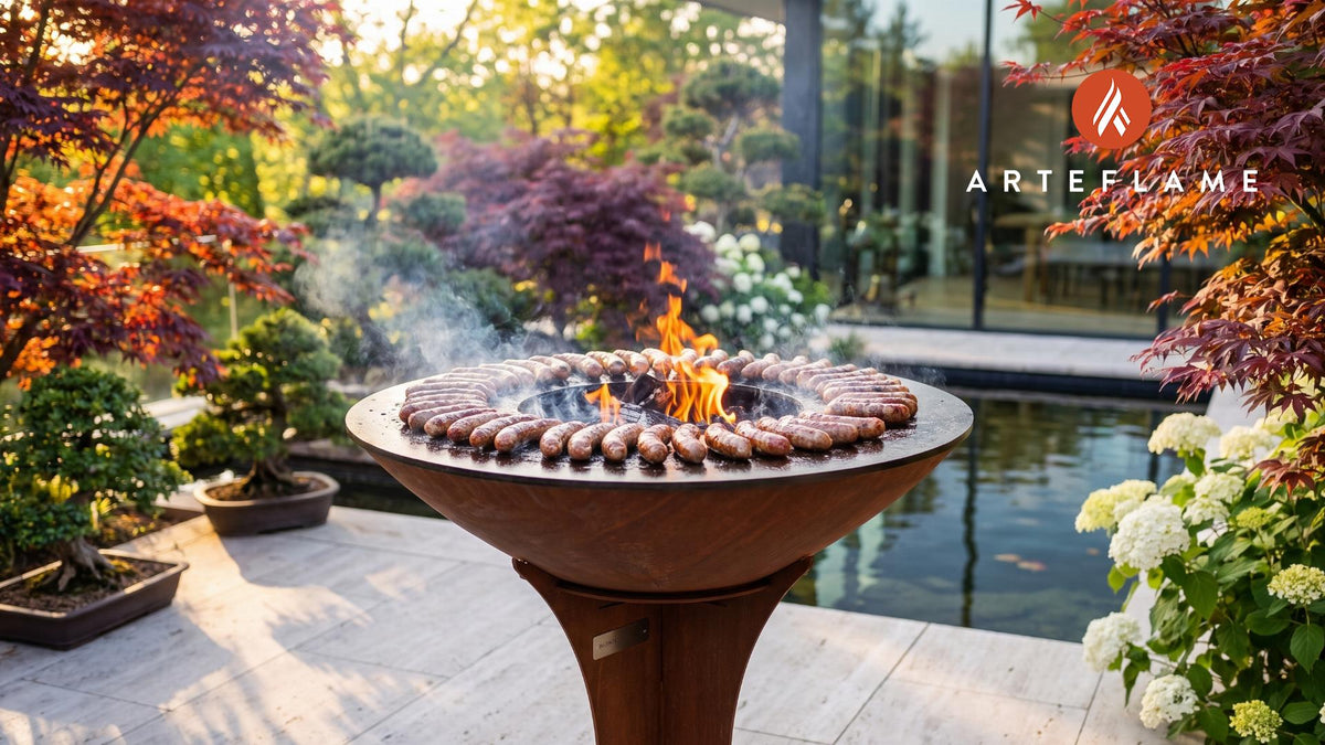 Grilled Korca Sausage (Authentic Albanian Style) cooking on an Arteflame grill