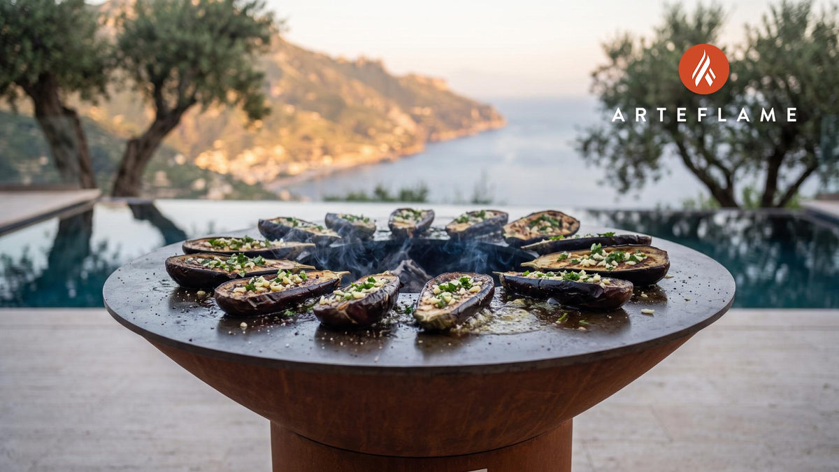 Charred Eggplant with Garlic & Olive Oil (Albanian Style) cooking on an Arteflame grill