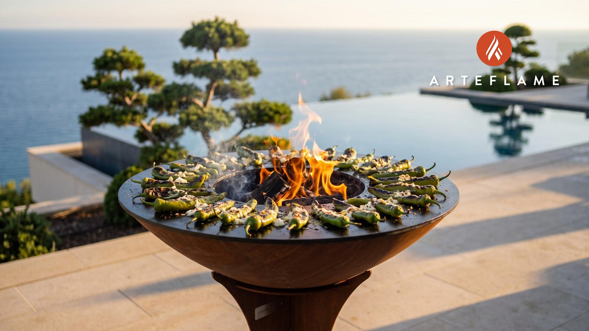Spicy Grilled Peppers with Feta (Albanian Style) cooking on an Arteflame grill