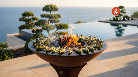 Spicy Grilled Peppers with Feta (Albanian Style) cooking on an Arteflame grill