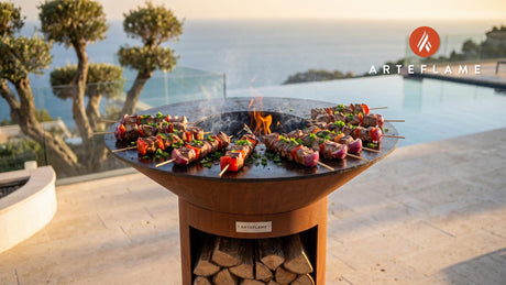 Juicy Grilled Veal Skewers (Albanian Style) cooking on an Arteflame grill