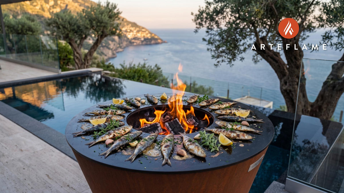 Grilled Whole Sardines with Lemon (Albanian Style) cooking on an Arteflame grill