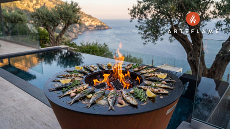 Grilled Whole Sardines with Lemon (Albanian Style) cooking on an Arteflame grill