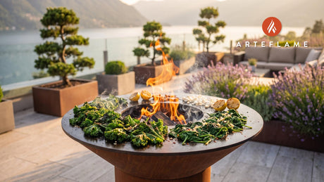 Charred Kale & Spinach (Albanian Style) cooking on an Arteflame grill