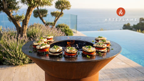 Grilled Eggplant & Tomato Stack (Albanian Style) cooking on an Arteflame grill