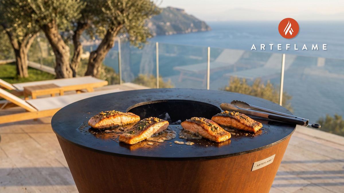 Grilled Salmon with Crispy Skin (Albanian Style) cooking on an Arteflame grill
