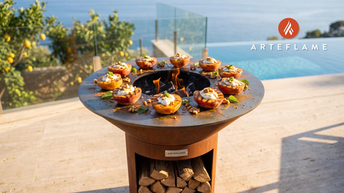 Grilled Peaches with Yogurt (Albanian Style) cooking on an Arteflame grill