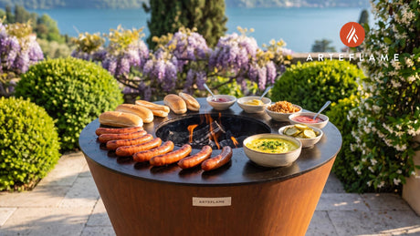 Grilled Sausages & Remoulade (Danish Style) cooking on an Arteflame grill