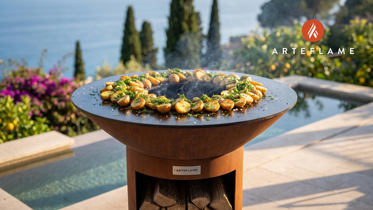 Crispy Baked Potatoes with Smor (Danish Style) cooking on an Arteflame grill