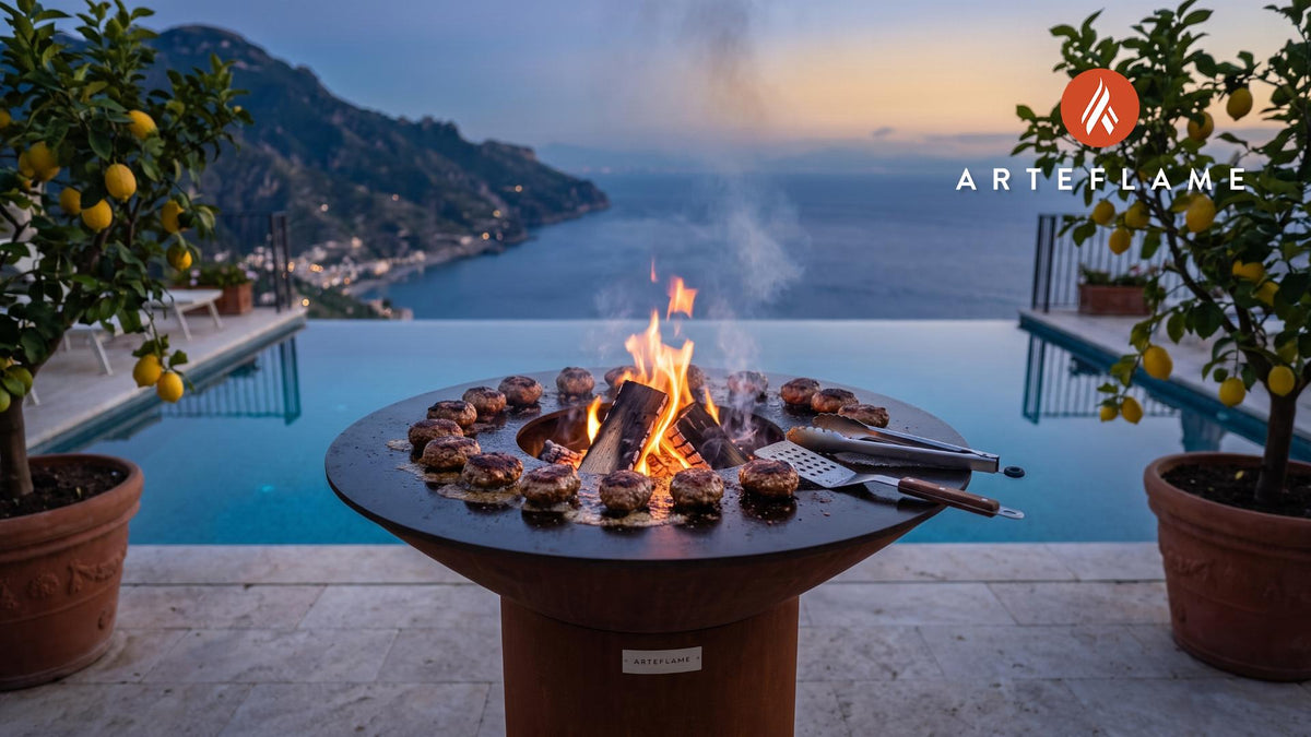 Grilled Danish Frikadeller cooking on an Arteflame grill