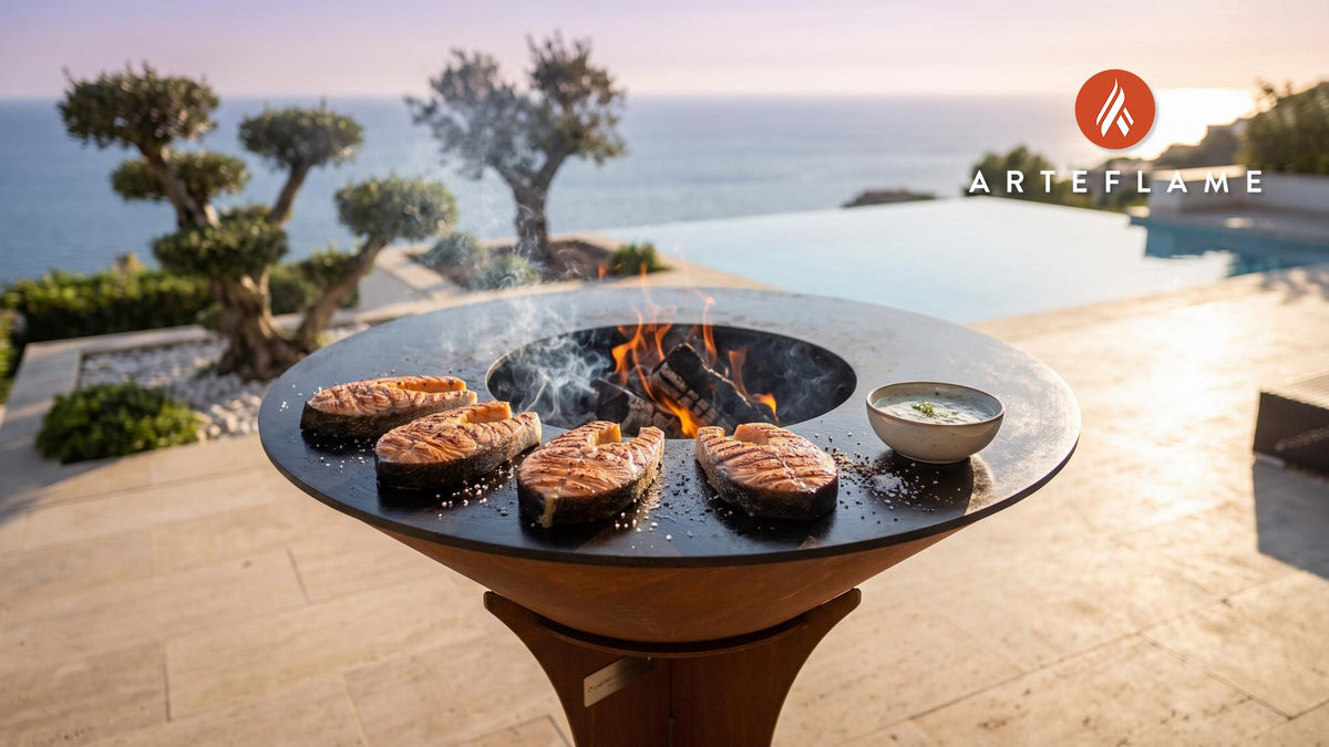 Grilled Salmon Steaks (Danish Dill Style) cooking on an Arteflame grill