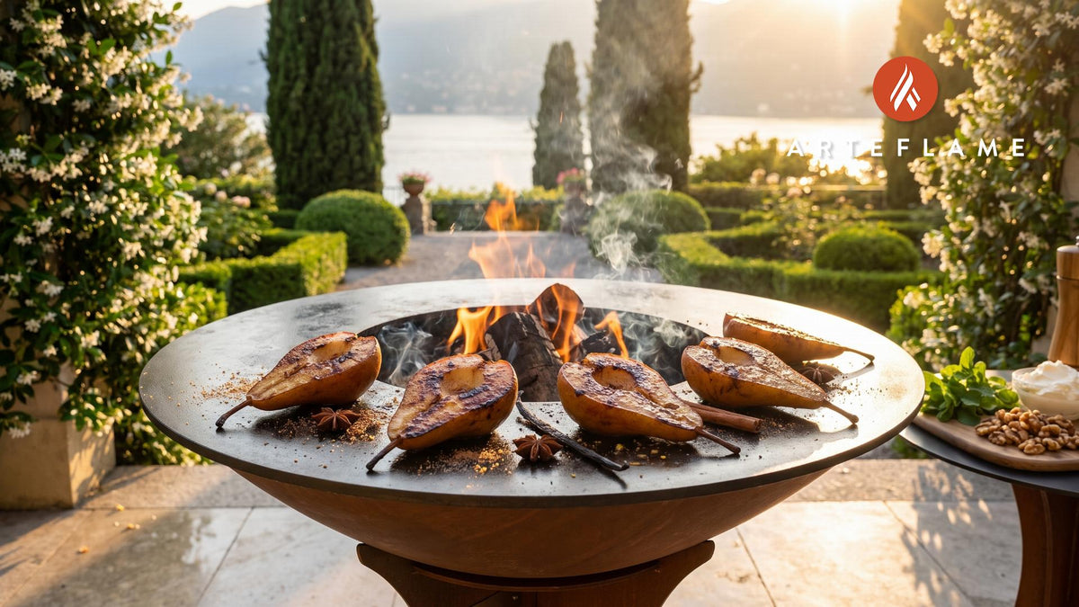 Grilled Winter Pears (Danish Spiced) cooking on an Arteflame grill