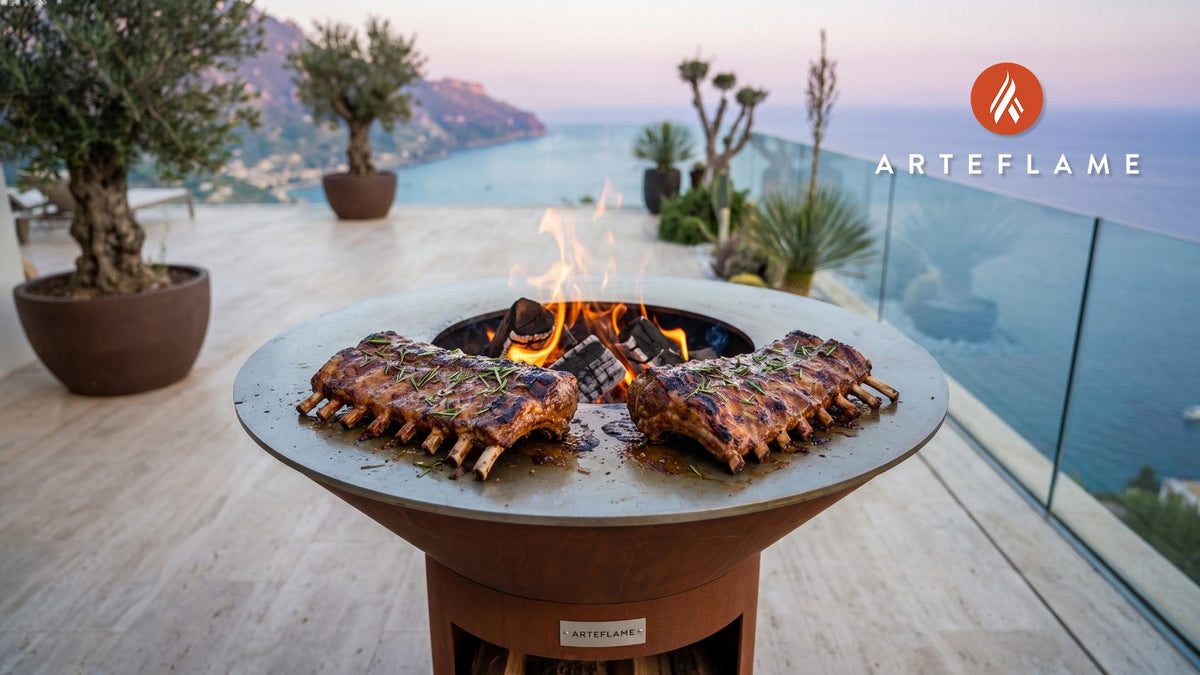 Honey Mustard Glazed Lamb Ribs (Danish Style) cooking on an Arteflame grill