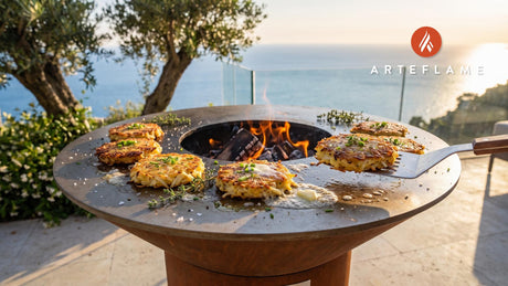 Crispy Grilled Rosti Potato Cakes (Danish Style) cooking on an Arteflame grill