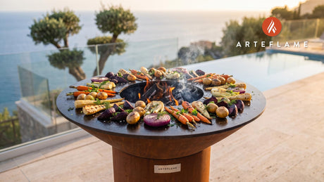 Charred Root Vegetable Platter (Danish BBQ) cooking on an Arteflame grill