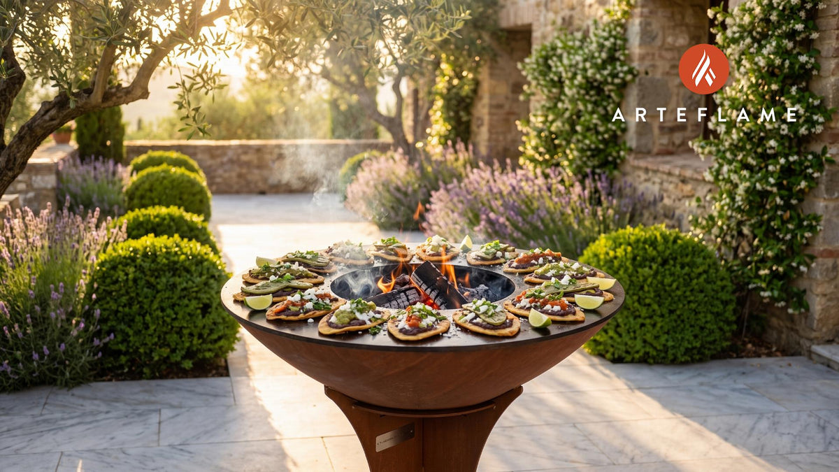 Wood-Fired Tlacoyos with Toppings (Mexican Style) cooking on an Arteflame grill