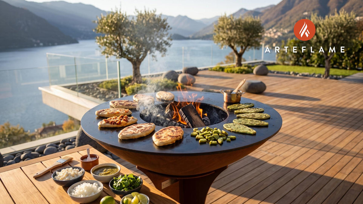 Grilled Mexican Tlacoyos with Chicharron cooking on an Arteflame grill