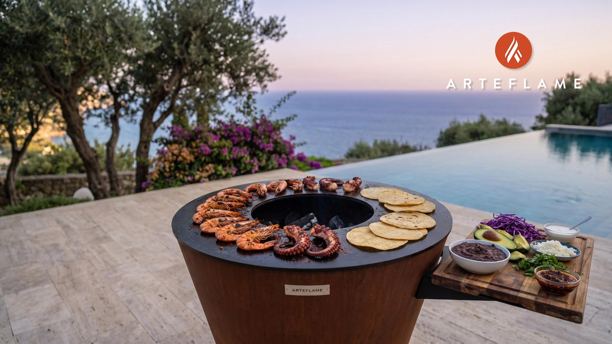Grilled Shrimp & Octopus Tostadas (Mexican Style) cooking on an Arteflame grill