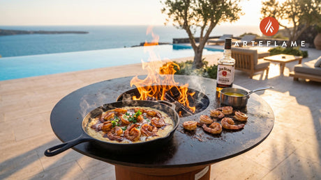 Wood-Fired BBQ Shrimp & Grits (Kentucky Style) cooking on an Arteflame grill