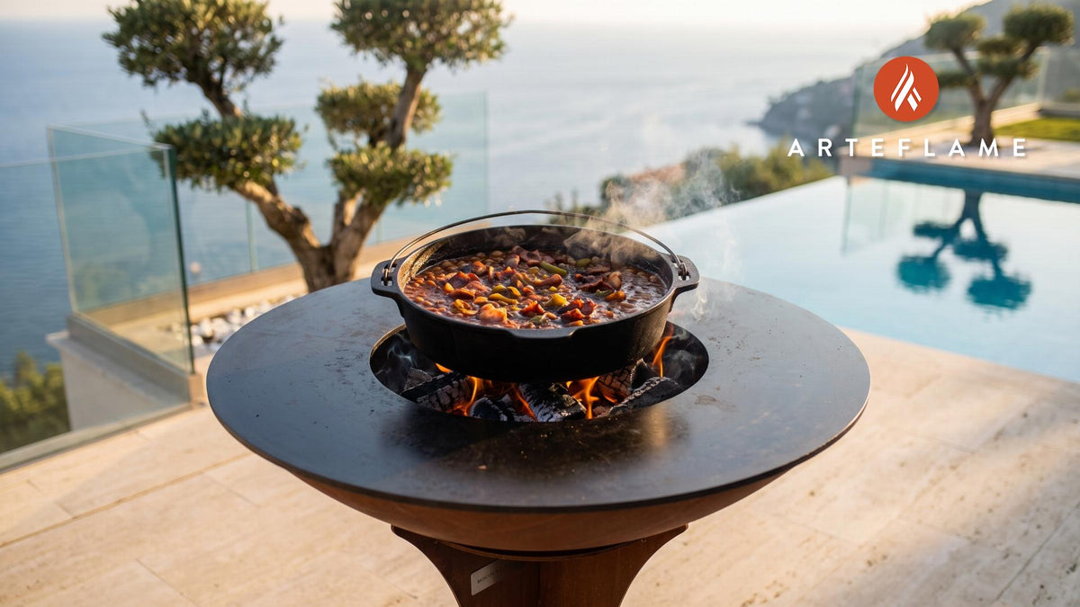 Wood-Fired Bourbon Baked Beans (Kentucky Style) cooking on an Arteflame grill