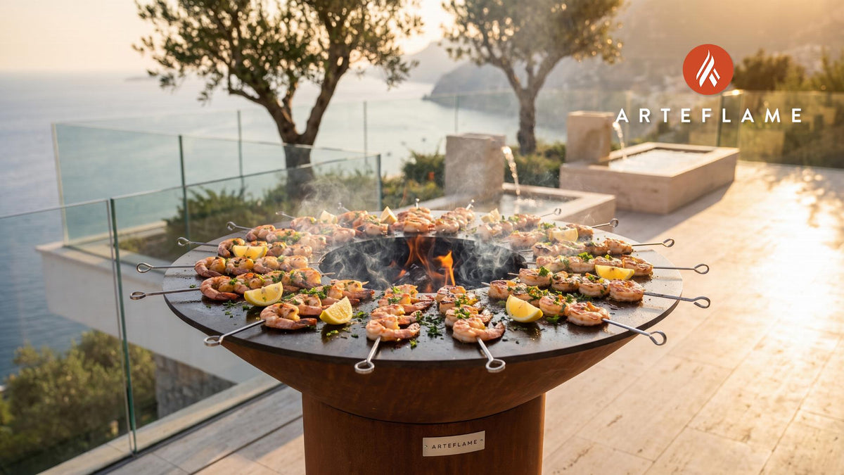 Creole BBQ Shrimp Skewers (Louisiana Style) cooking on an Arteflame grill