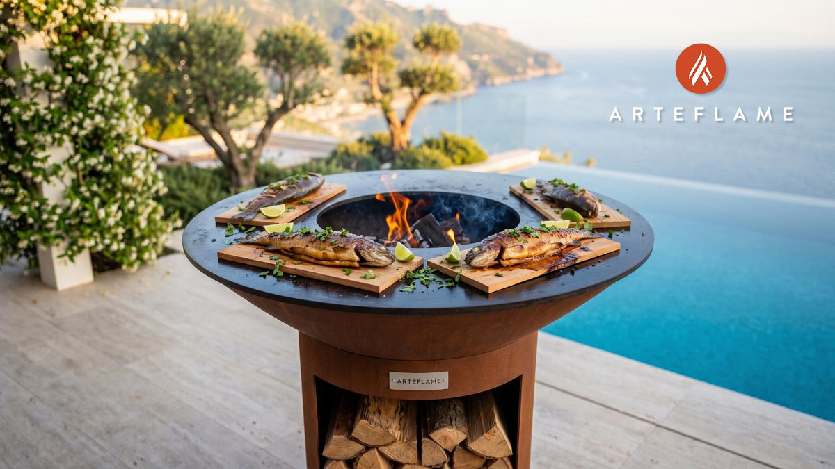 Cedar Planked Grilled Trout (Canadian Style) cooking on an Arteflame grill