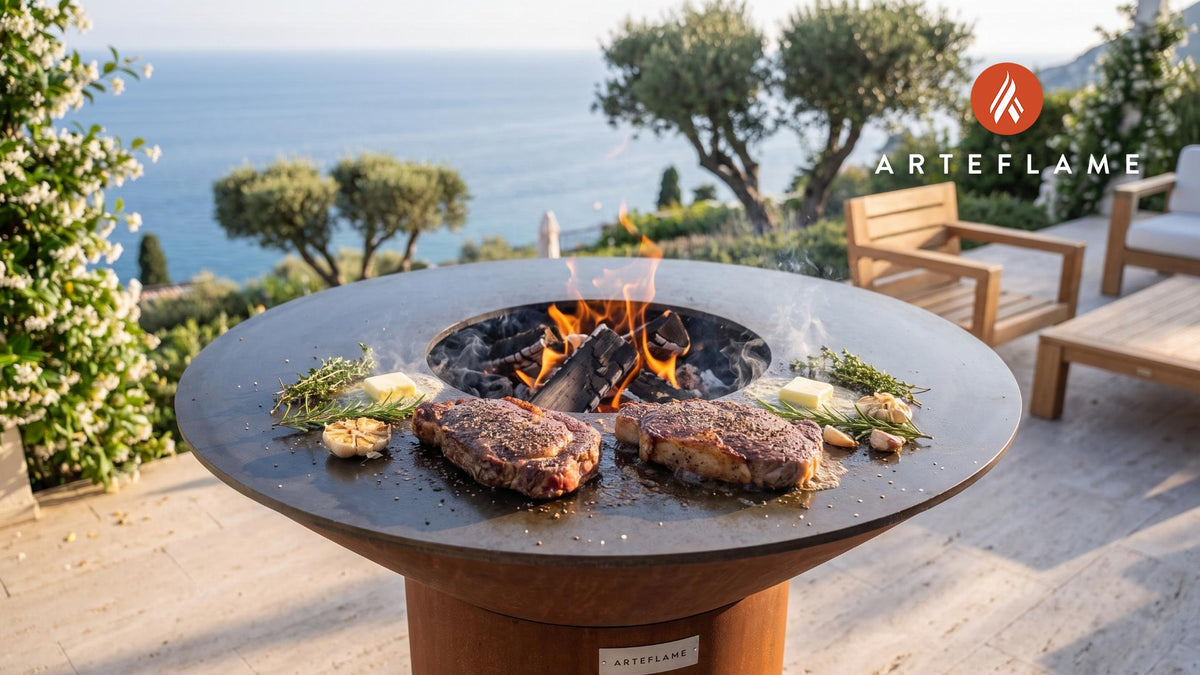 Charcoal Seared Striploin Steak (Canadian Style) cooking on an Arteflame grill