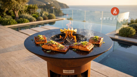 Grilled Salmon with Yuzu Kosho (Japanese Style) cooking on an Arteflame grill