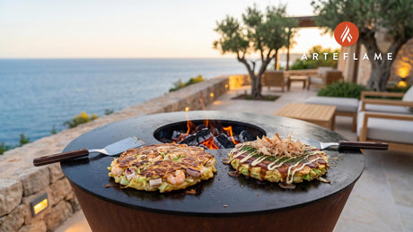 Seafood Okonomiyaki cooking on an Arteflame grill