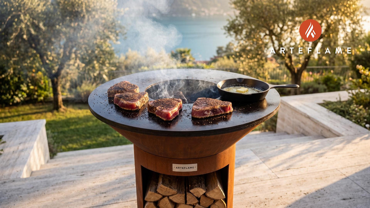 Seared Blackened Tuna Steaks (Louisiana Style) cooking on an Arteflame grill