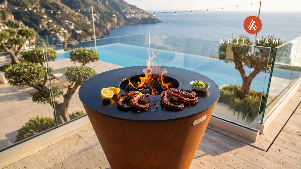 Charred Japanese Octopus with Yuzu Kosho cooking on an Arteflame grill