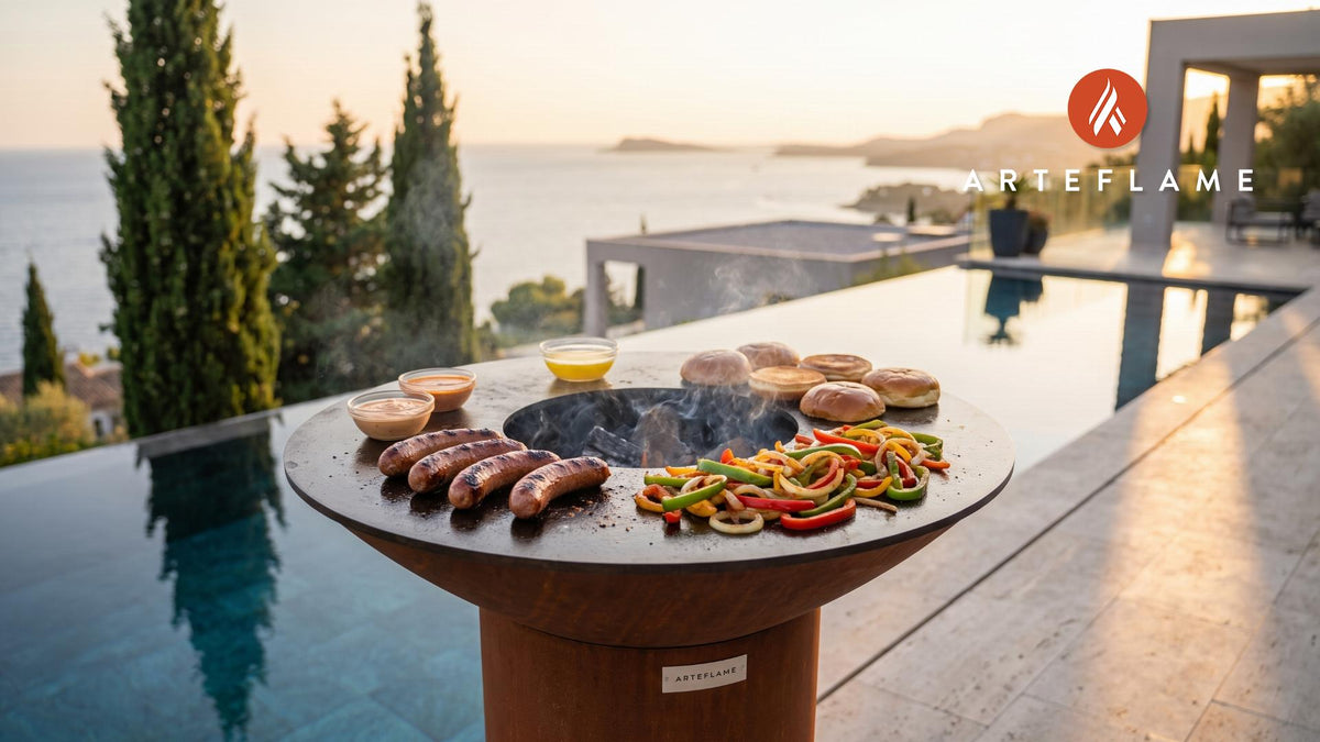 Grilled Duck Sausage (Louisiana Style) cooking on an Arteflame grill