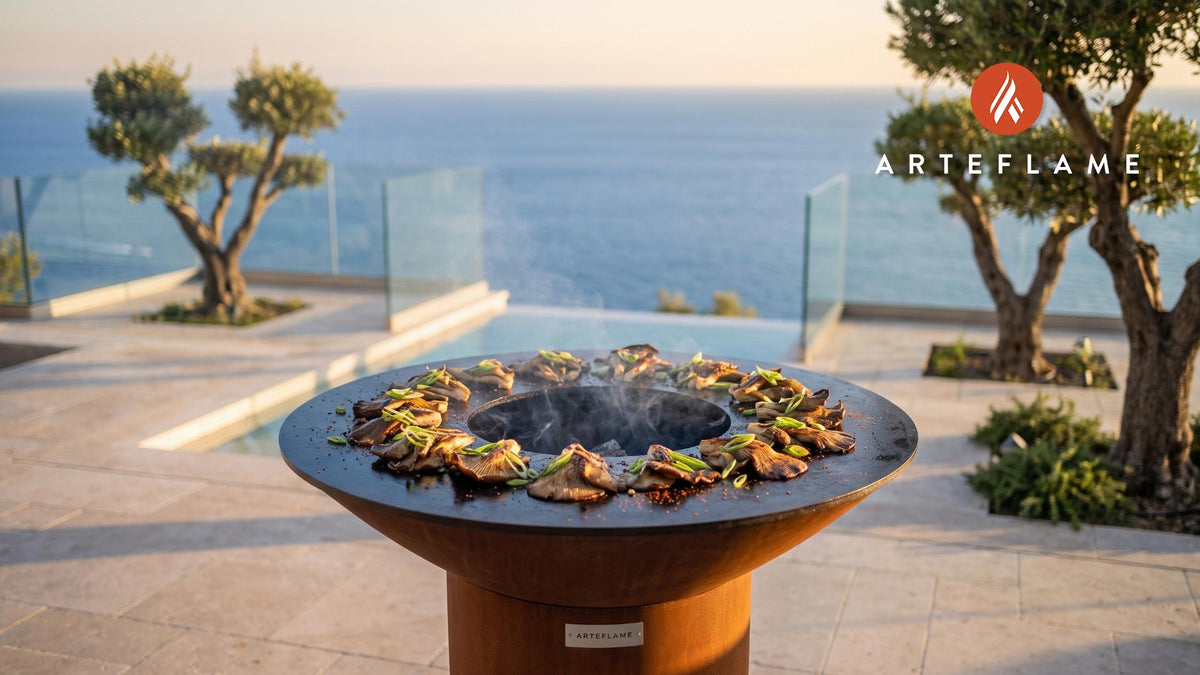 Charred Oyster Mushrooms (Japanese Style) cooking on an Arteflame grill