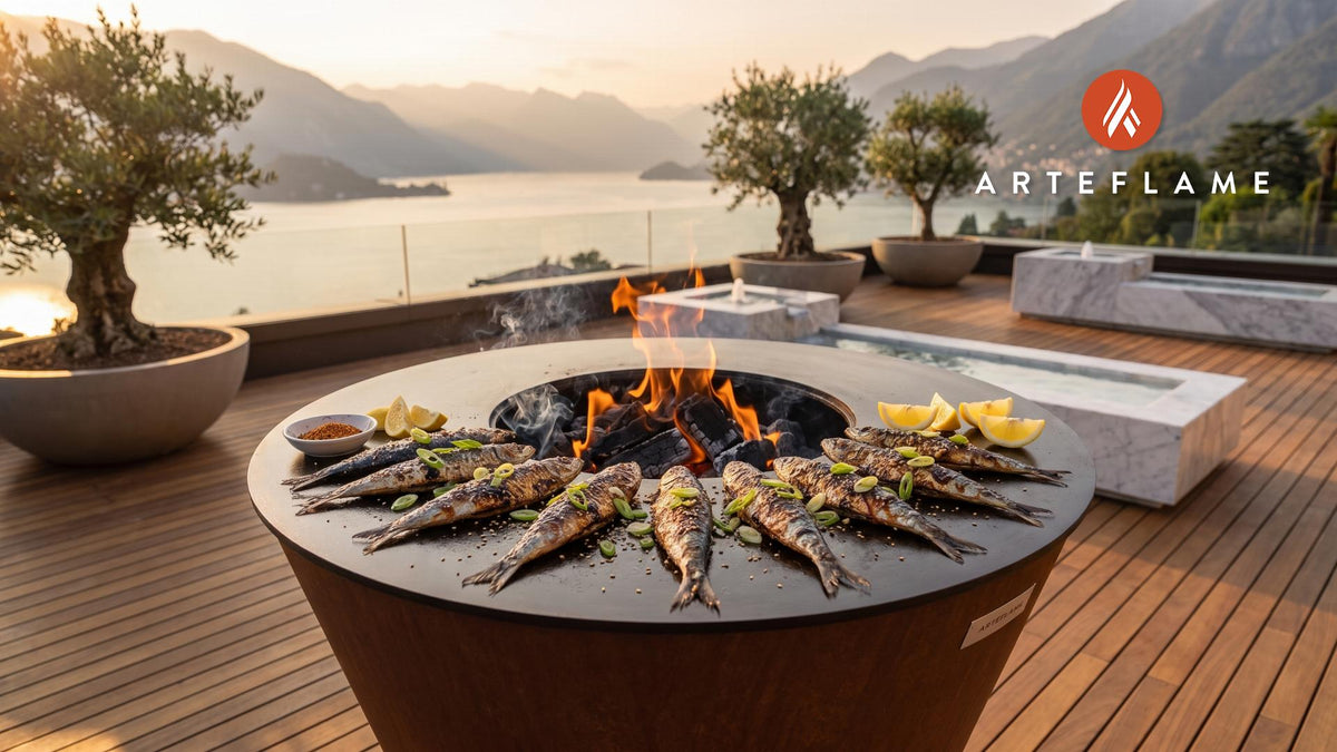 Grilled Sardines with Soy Glaze (Japanese Style) cooking on an Arteflame grill