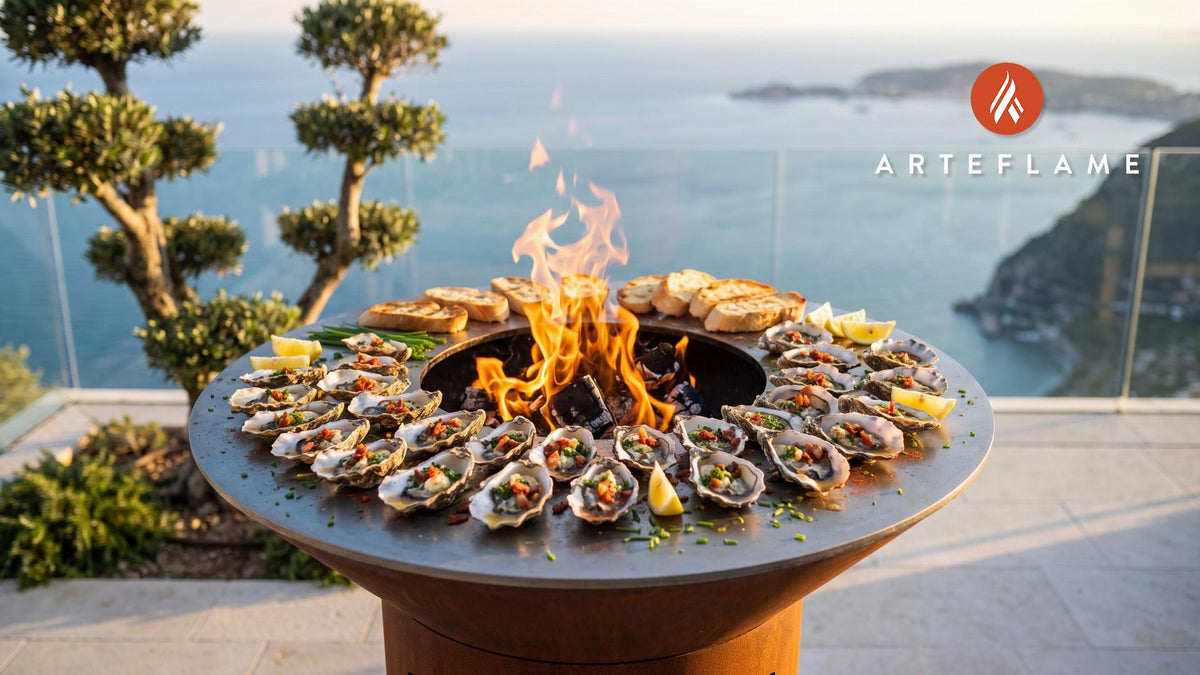 Grilled Oysters with Bacon Butter (Maine Style) cooking on an Arteflame grill