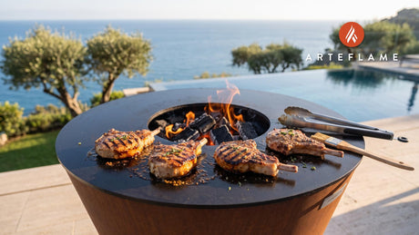 Maple-Dijon Grilled Pork Chops (Maine Style) cooking on an Arteflame grill