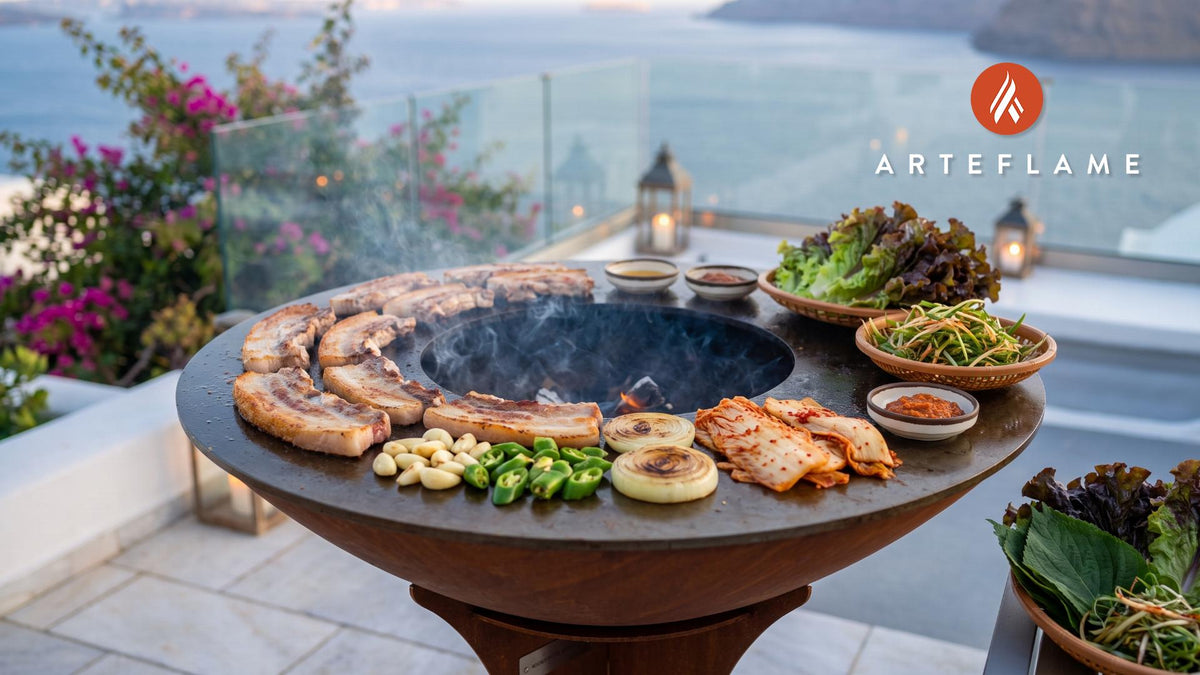Korean Grilled Pork Belly (Samgyeopsal) cooking on an Arteflame grill