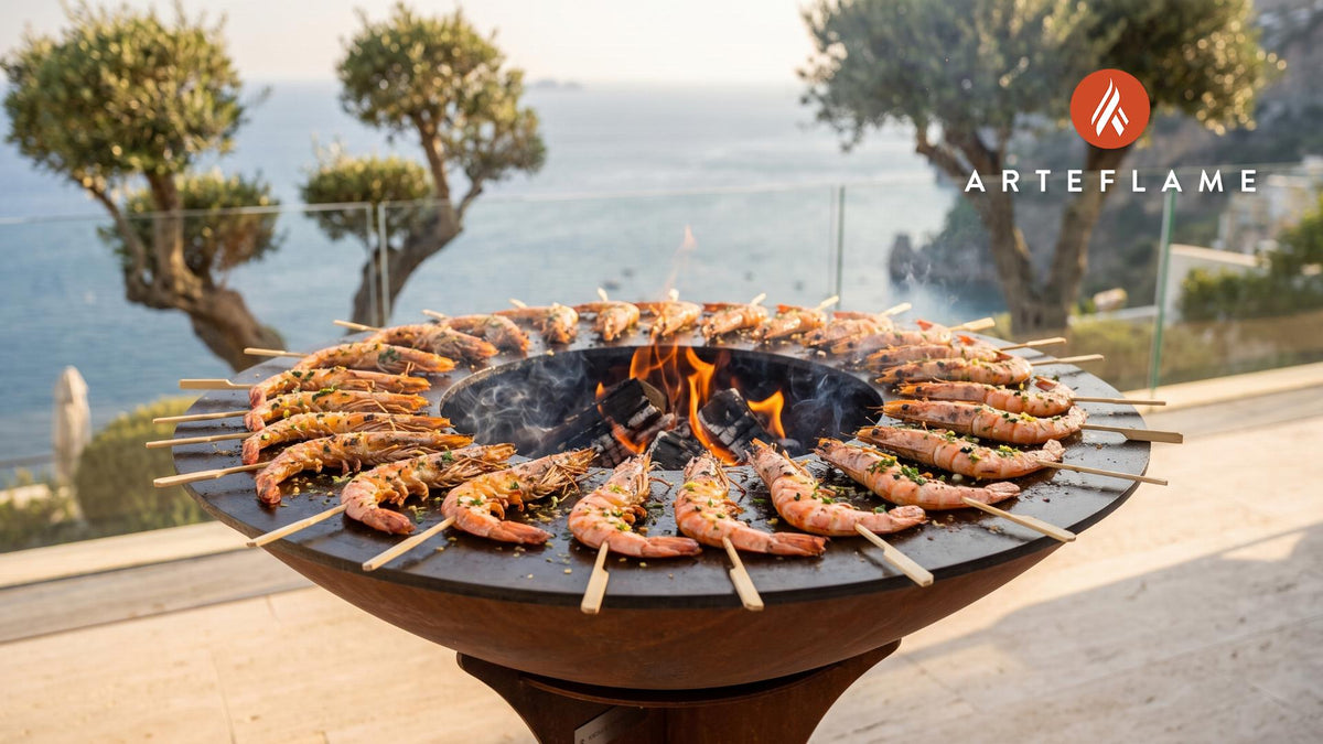 Grilled Shrimp Skewers (Maine Style) cooking on an Arteflame grill