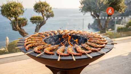 Grilled Shrimp Skewers (Maine Style) cooking on an Arteflame grill