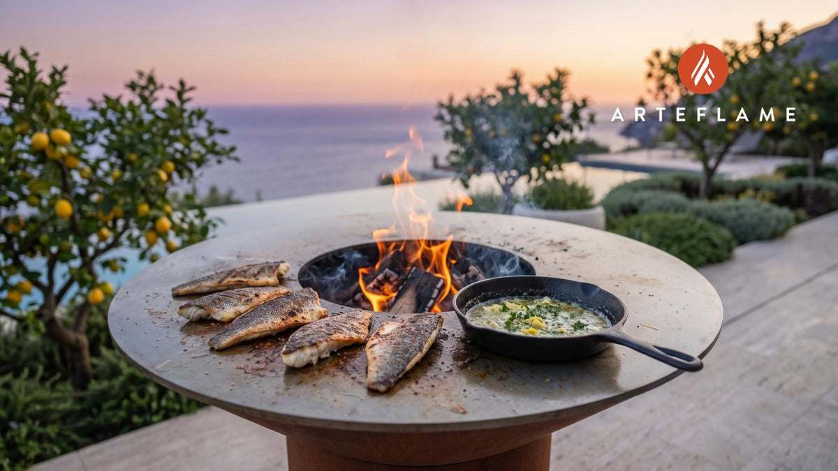 Sear-Grilled Black Sea Bass with Lemon Butter (Maine Style) cooking on an Arteflame grill
